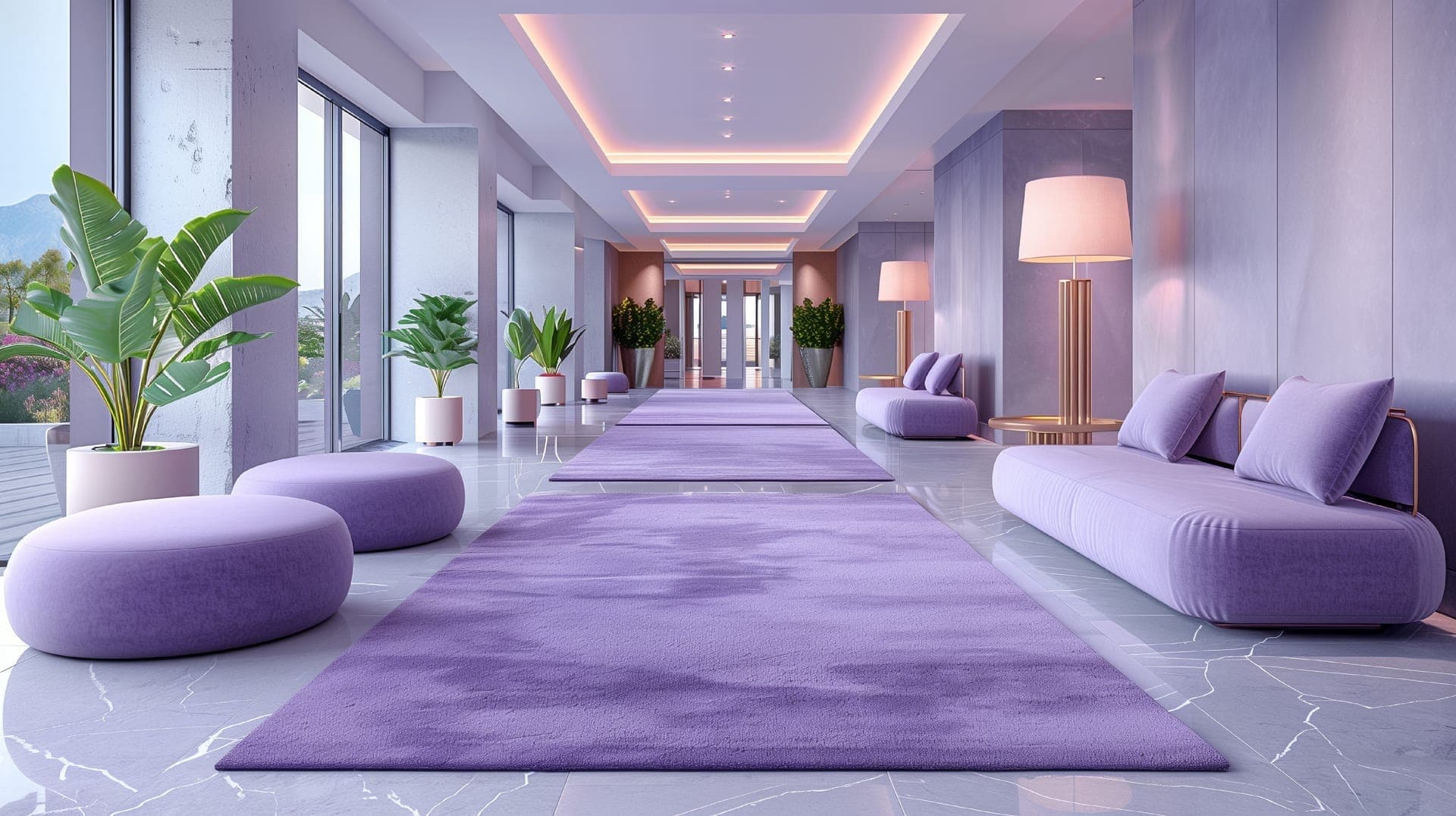 The lounge of a hotel in a Quickrooms chain, in soft lilac light