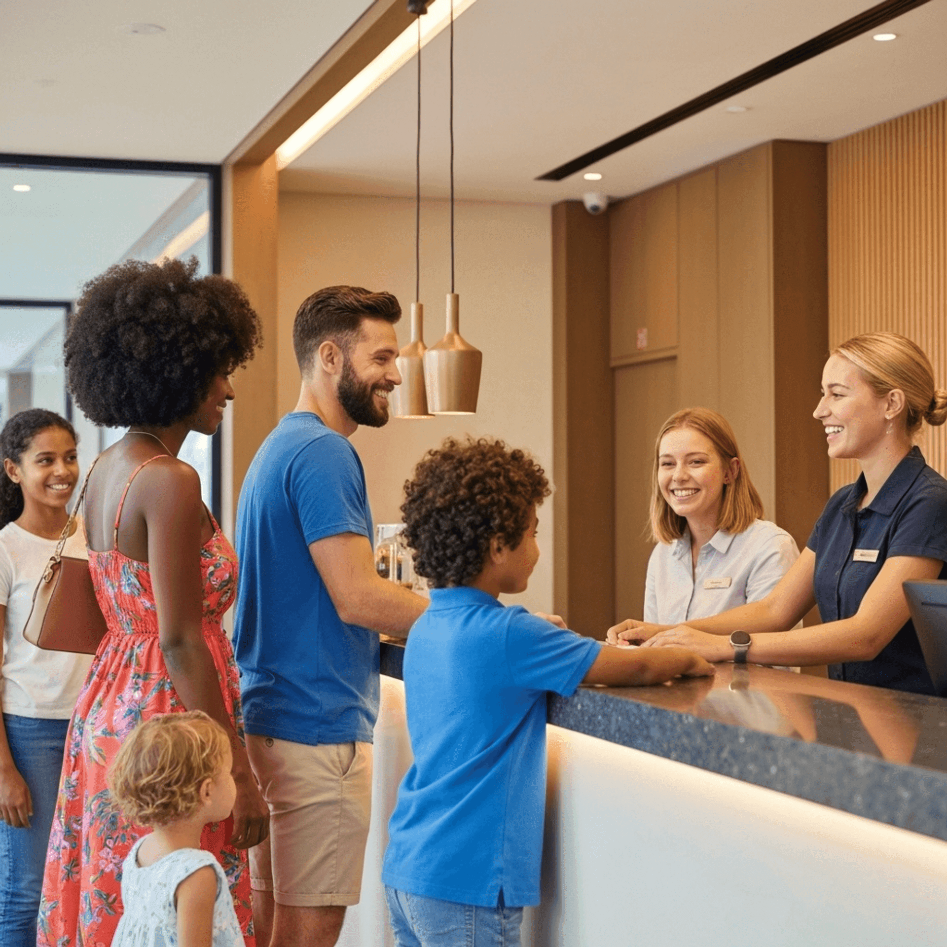 Guests checking in at a hotel reception desk