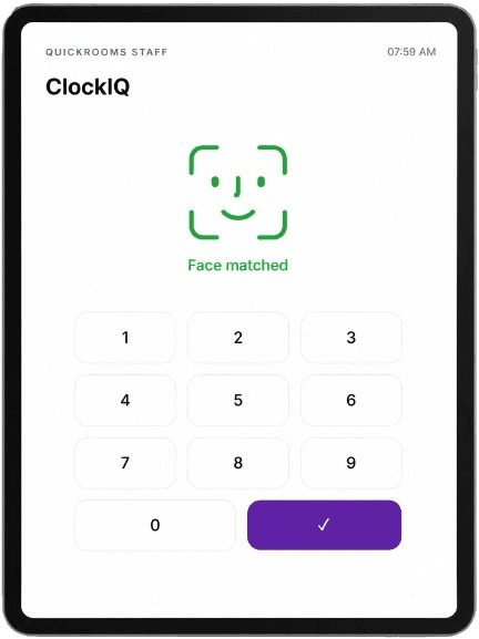 ClockIQ face-match and PIN entry screen on the entrance tablet