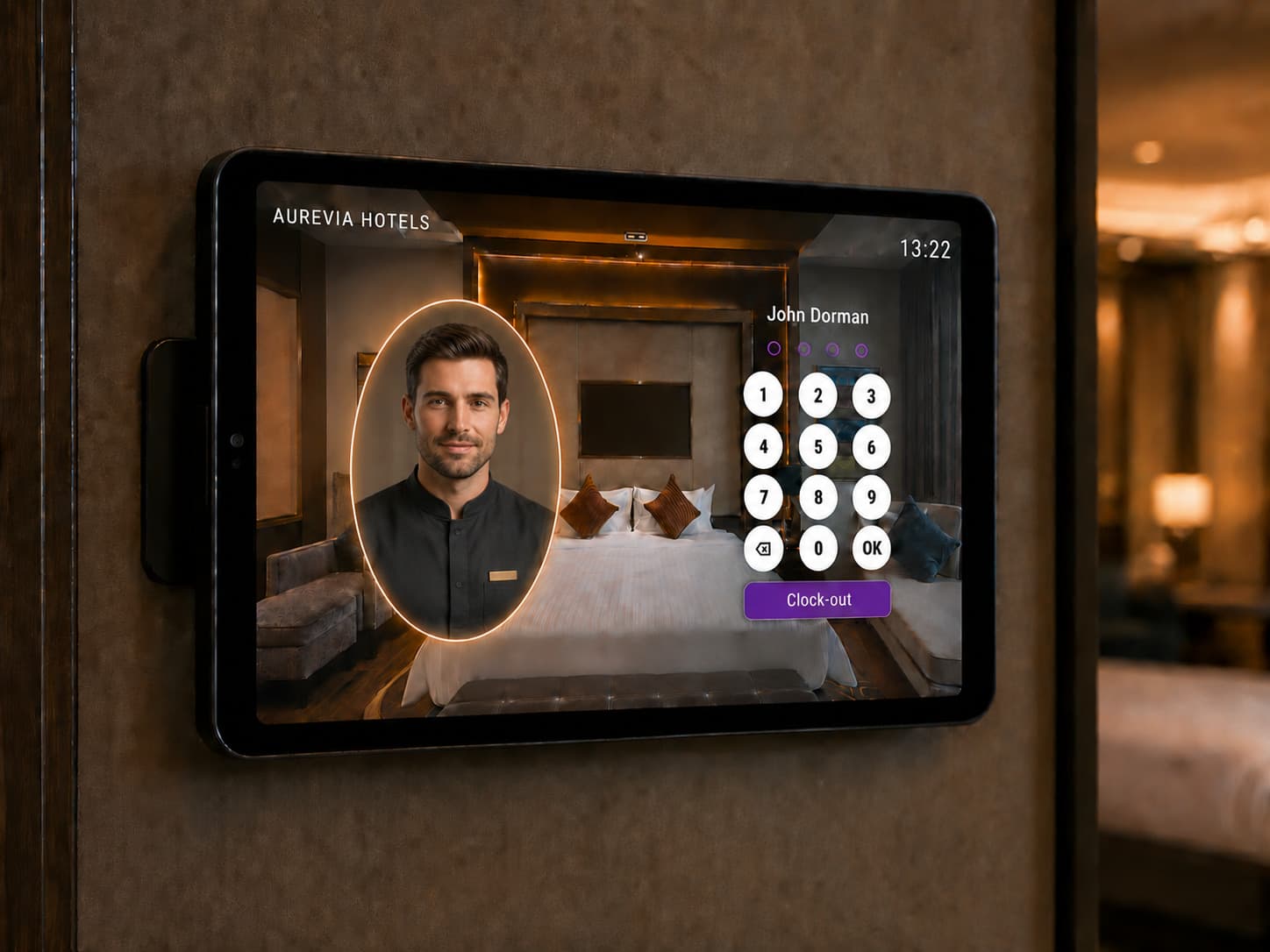 A wall-mounted ClockIQ tablet showing a staff member's photo beside the PIN pad, ready to clock out