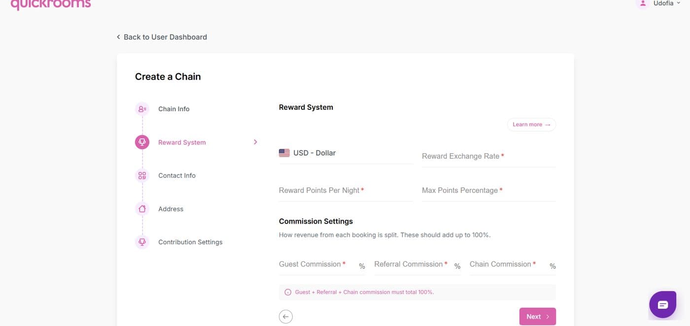 The Create a Chain form on the Hotel Dashboard, showing the reward system and the Guest, Referral and Chain commission settings that must total 100%