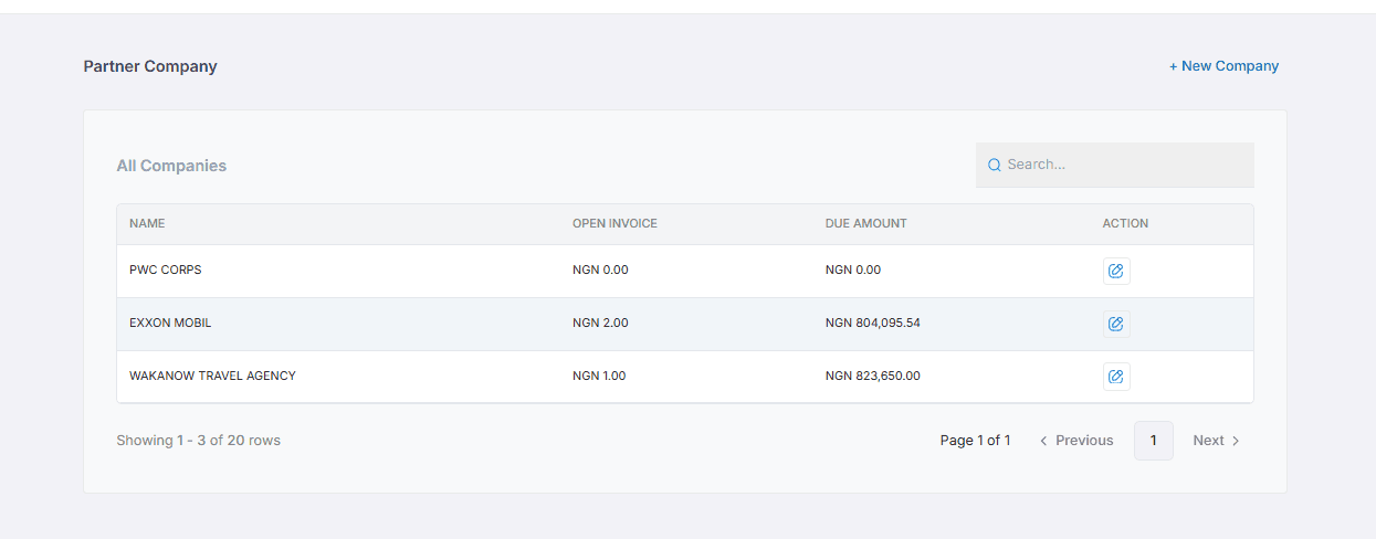 All Companies list showing open invoice and due amount per partner company