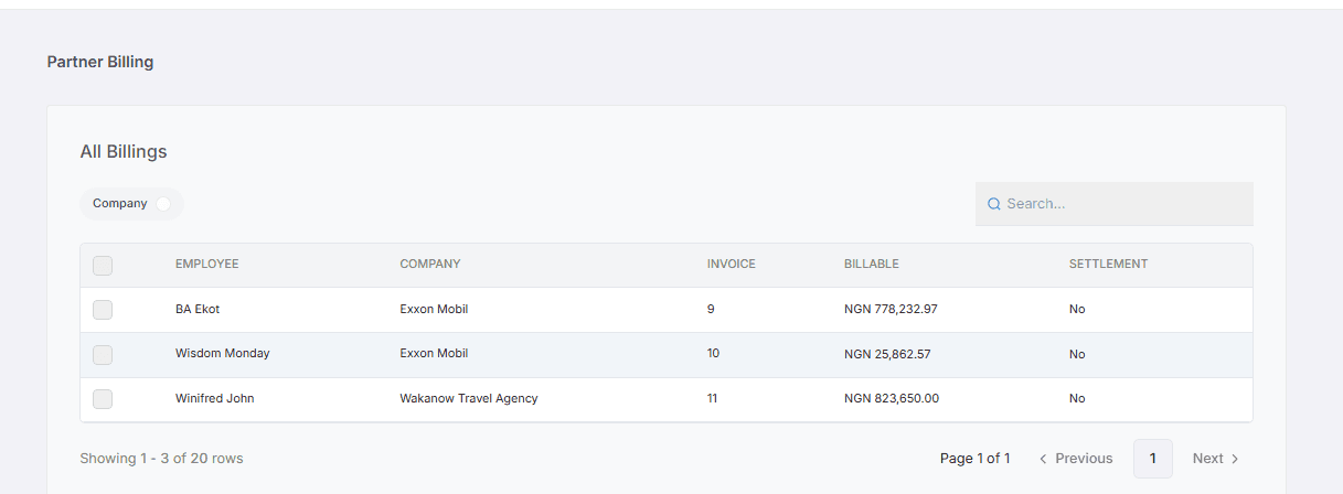 All Billings list showing employee, company, invoice and settlement status