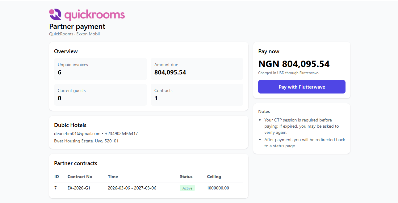 Partner payment page showing unpaid invoices, amount due and contract credit ceiling