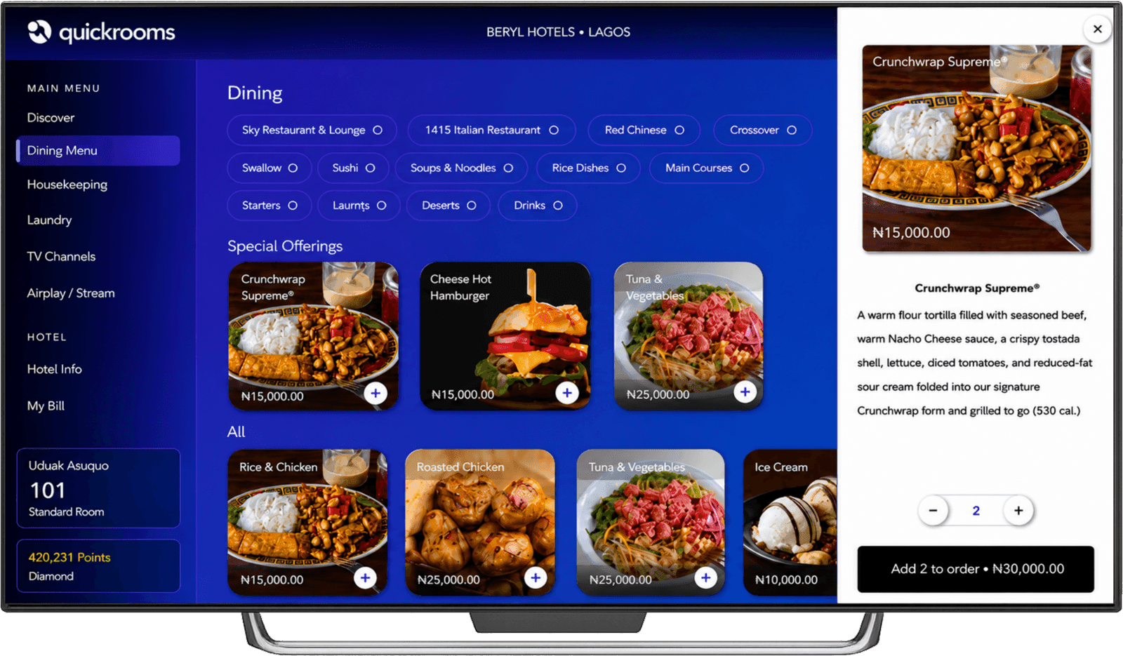 Quickrooms TV dining menu with a dish open and an add-to-order panel